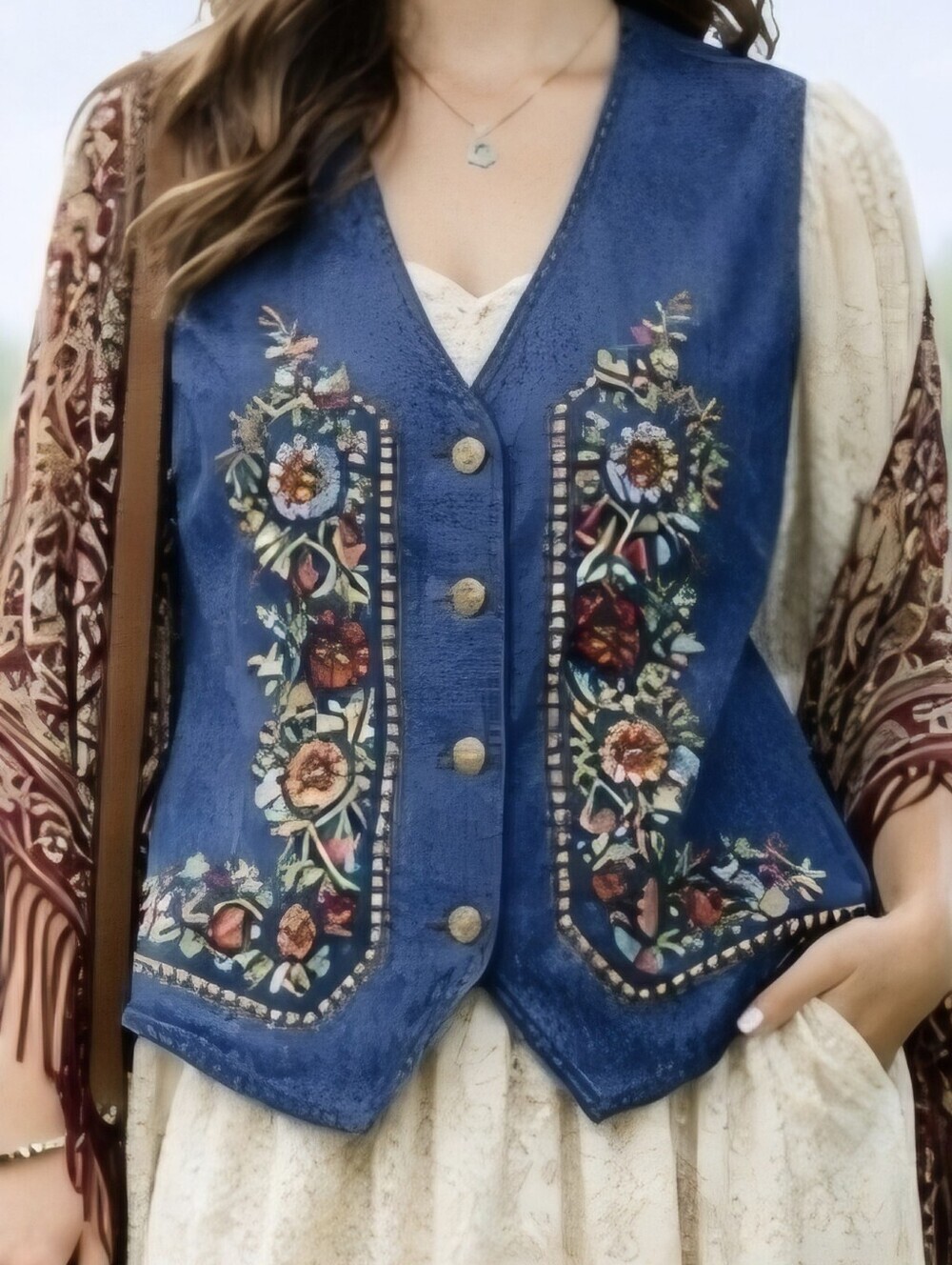 Ghinelli Embroidered Vest Size 40 Medium Beaded Wood Buttons Lined Statement